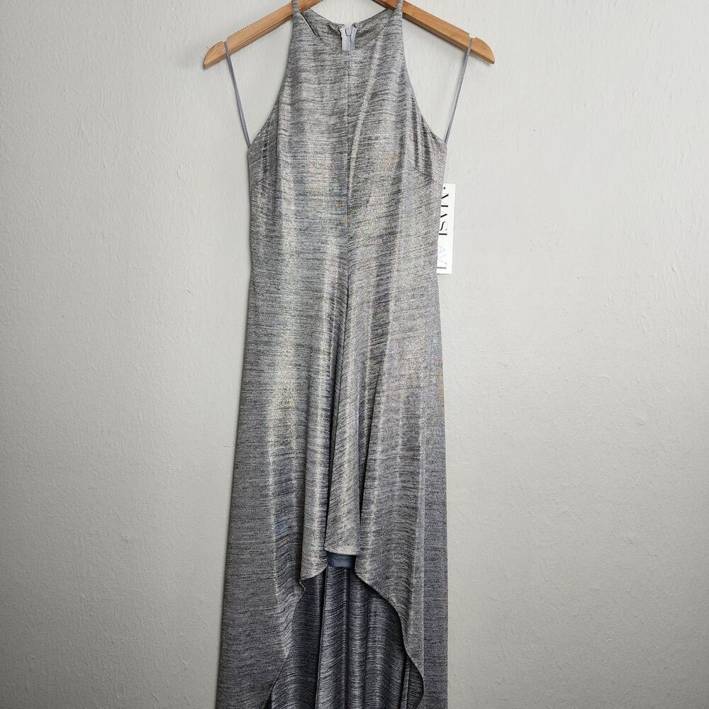 NWT Jovani Metallic Silver Grey Halter High-Low Gown - Backless Formal - Size 4 - Picture 6 of 11